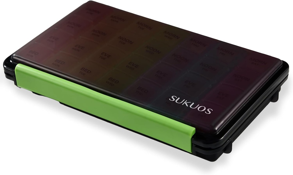 Sukuos Weekly Pill Organizer 7 jours 4 fois par jour, résistant à l'humidité grand quotidien boîte à pilules médicaments cas pour la vitamine / huile de poisson / suppléments (noir)