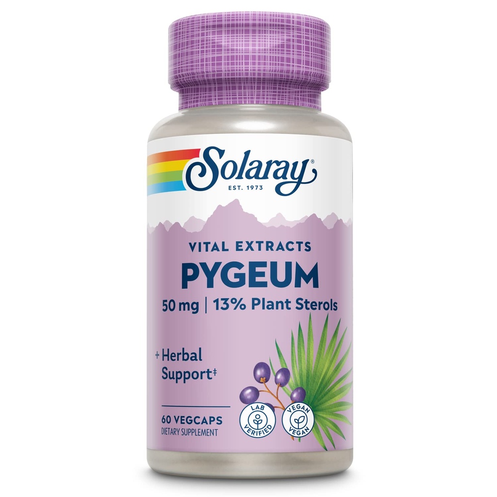 SOLARAY Pygeum Bark Extract 50mg - Pygeum Supplement voor Prostate Health Support - Gegarandeerd te bevatten 6.5mg Plant Sterols zoals Beta Sitosterol, Non-GMO, Vegan, 60-Day Garantie, 60 Serv, 60 VegCaps