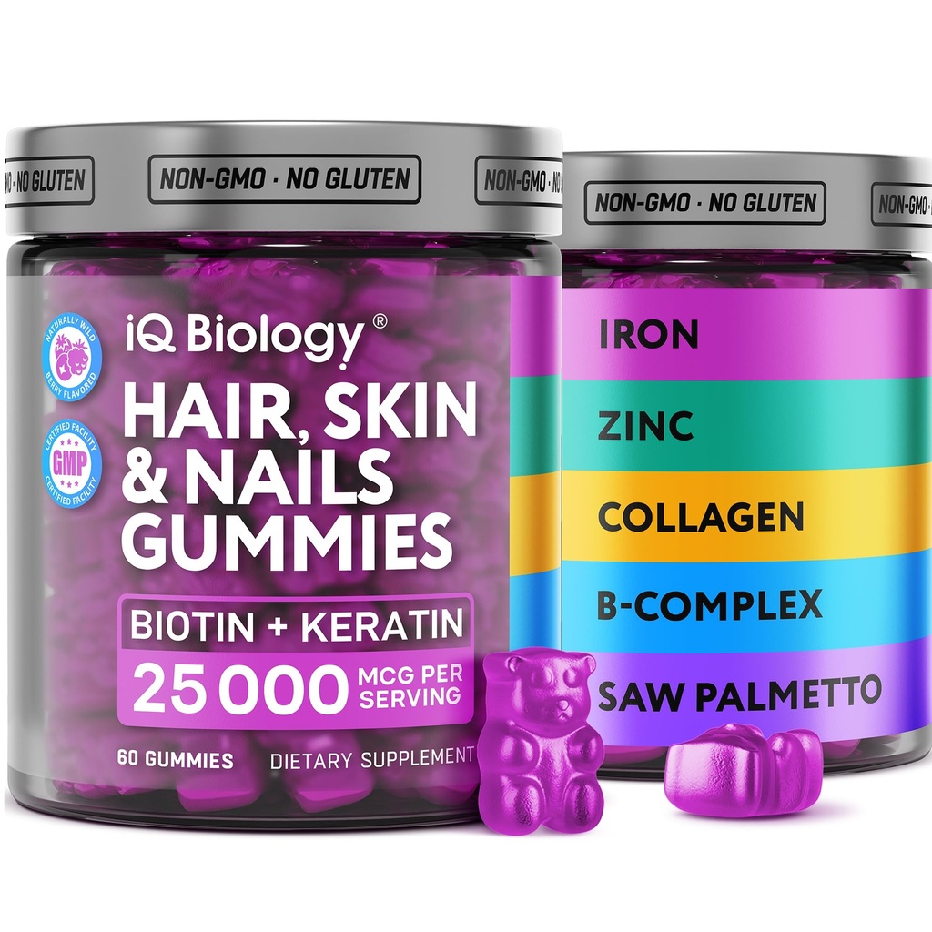 Biotine Gummies voor haar, huid en nagels - Haargroei Vitaminen voor vrouwen en mannen - Haarverlies Gummy Supplement met Extra sterkte Biotine (Vitamine B7), Collageen, Keratine & DHT Blocker, 60 Kauwbare Beren