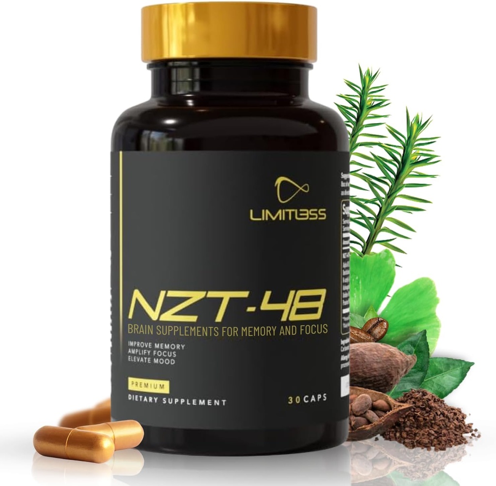 NZT-48 Cerveau Booster - Suppléments Cerveau Nootropique pour la Mémoire et Focus- Supplément Premium Énergie Naturelle avec Caféine, Phosphatidylsérine, Vitamines B6 & B12, Ashwagandha-90 portions