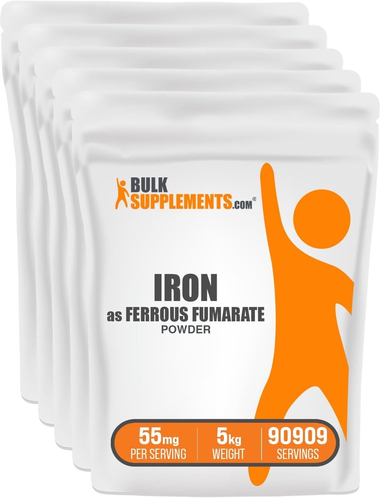 BulkSupplements.com Ferrous Fumarate Powder - Essential Mineral, Iron Supplement for Men and Women - Glutenvrij, 55mg per portie, 1kg (2,2 lbs) (pakket van 5)