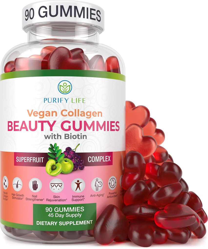 Zuiveren leven Vegan Collageen Gummies met Biotin vitamines voor haar huid en nagels gezondheid, (90 Kauwen) Collageen Ondersteuning Superfruit Complex met Resveratrol, Vitamine A, E, C - Vervangen Capsules, Pillen