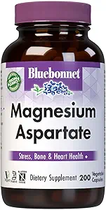 BlueBonnet Nutrition Magnésium Aspartate, soutient des niveaux de magnésium sains, sans soja et sans gluten et sans lait, non-OGM, certifié Kosher, végétalien, 100 portions, blanc, 200 comte
