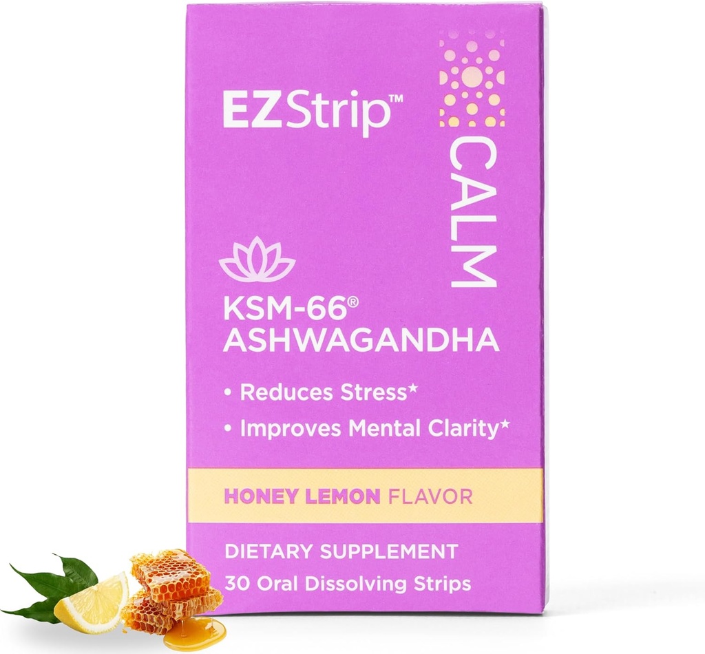 Kalm supplement - Honey Lemon Flavor, 30 Tellen - Oplossen Kalmeren Strips met Ashwagandha KSM 66 Help Steun Stress Relief - Made in The USA, Sugar and Gluten-Free