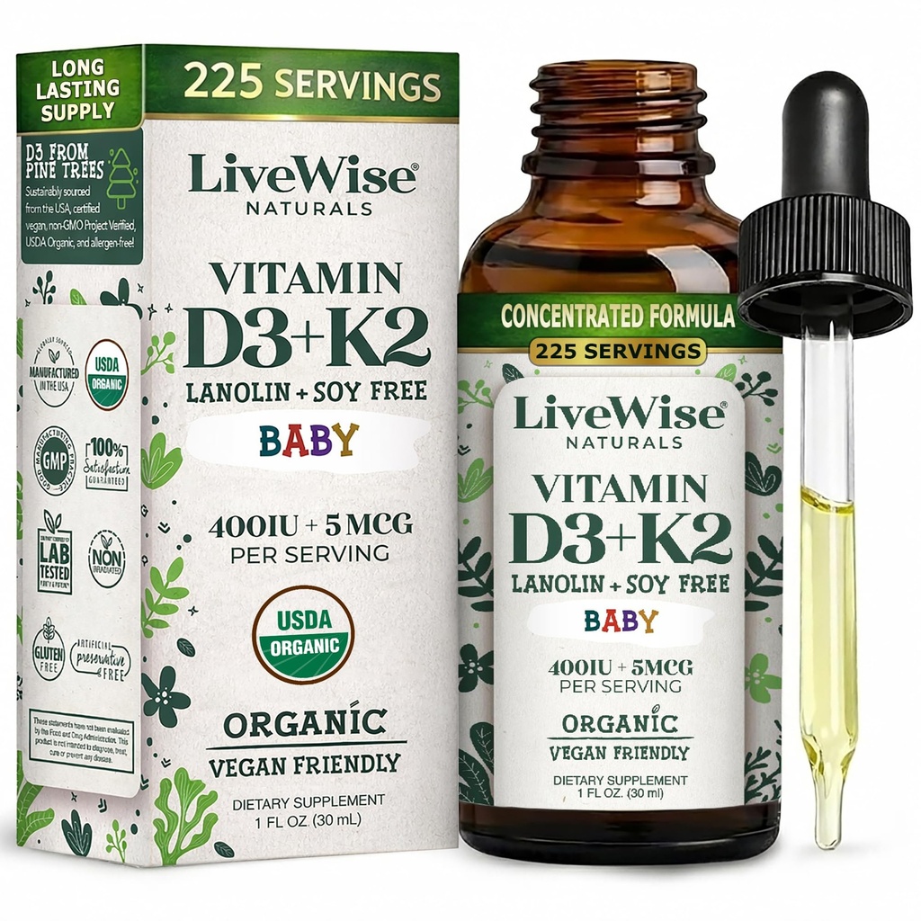 LiveWise Naturals Baby Vitamine D3-K2 Liquid Supplement, Vitamine druppels voor zuigelingen en peuters, voor gezonde groei, ontwikkeling en dagelijkse wellness, gemakkelijk te gebruiken Dropper in glazen fles, 1 Fl Oz