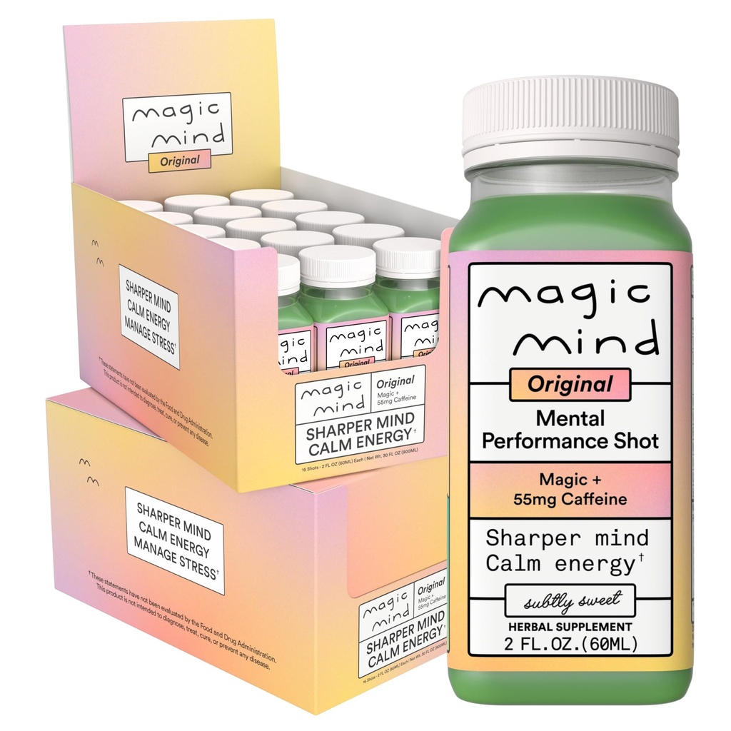 Magic Mind Focus Energie Drink Shots - Geen Jitters, Stress Relieving, Ashwagandha, Functionele Paddenstoelen, Matcha Groene Thee, Vitamine B12, Vitamine C - 2 FL Oz (30 Pack)