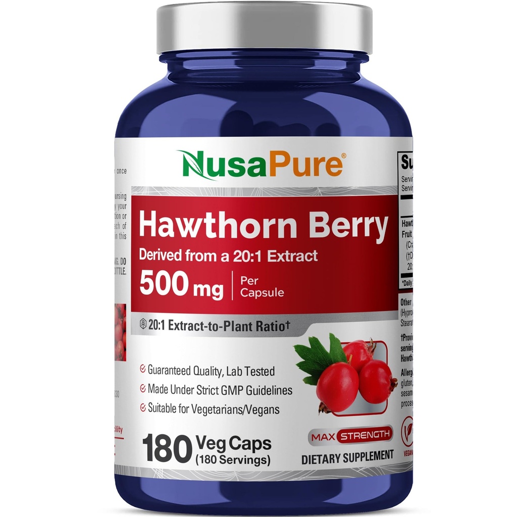 NusaPure Hawthorn Berry 20:1 Extrait, 500 mg équivalent à 10 000 mg 180 Vég. Caps, adapté aux végétariens, végétalien, supplément alimentaire non OGM