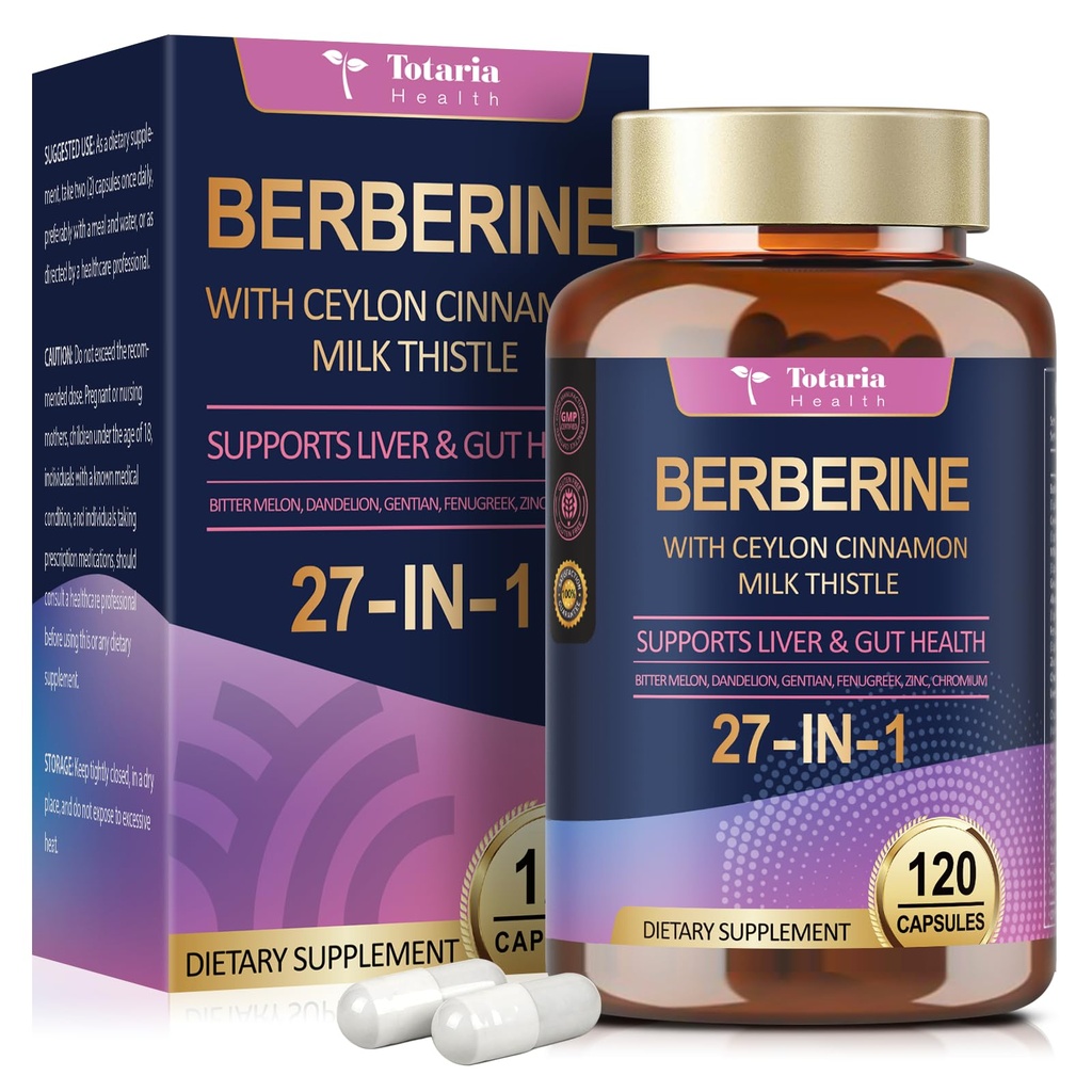 Supplément berbère avec Ceylan Cinnamon, Thistle de lait - Supplément GLP-1 GLP Activer la formule naturelle, Berberine Plus pour la santé du foie et des intestins, l'immunité, une meilleure figure, hommes et femmes - 120 Caps végétaliens