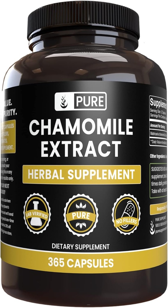 INGRÉDIENTS ORIGINAUX DE PURE Extrait de camomille (365 capsules) Pas de magnésium ou de farine de riz, toujours pur, vérifié en laboratoire