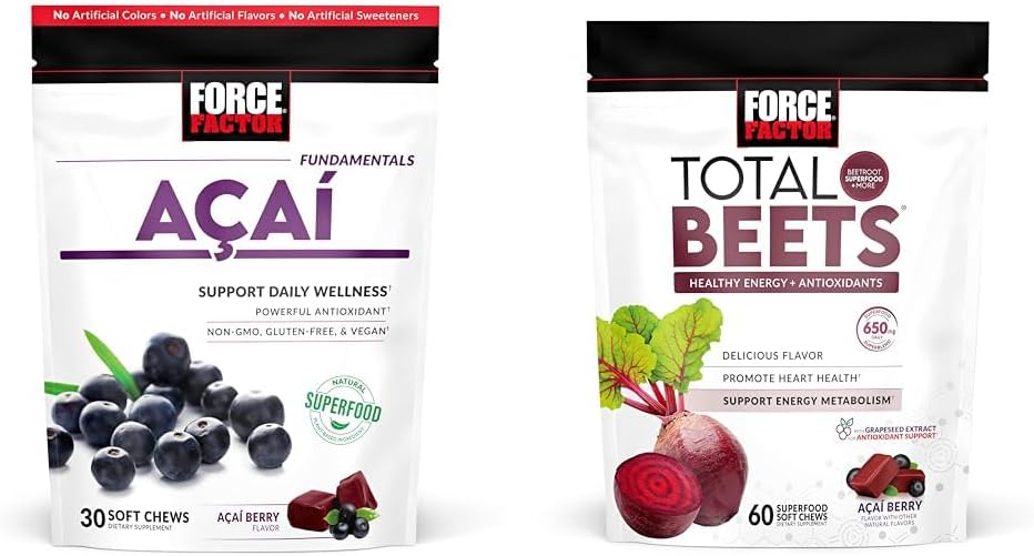 Force Factor Acai Zachte Kauwen voor Immuniteit & Total Beets Zachte Kauwen voor Hart Gezonde Energie, 30 & 60 Kauwen