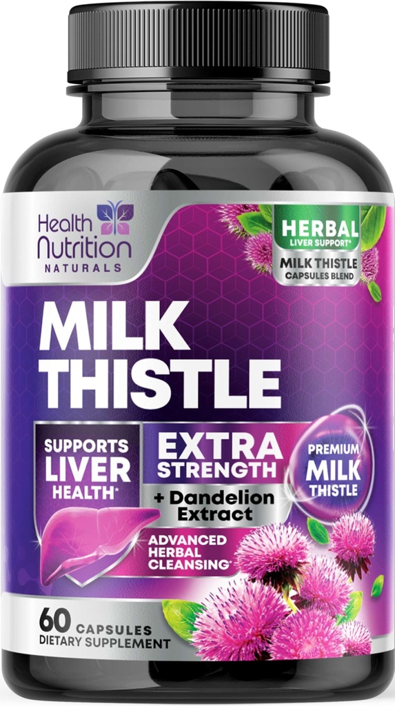 Milk Thistle Supplement met Silymarin Marianum & Dandelion Root Liver Health Support - 9:1 Extract Leverreiniging Detox & Repair 1000mg Equivalent - Nature's Milk Thistle Supplements - 60 Capsules