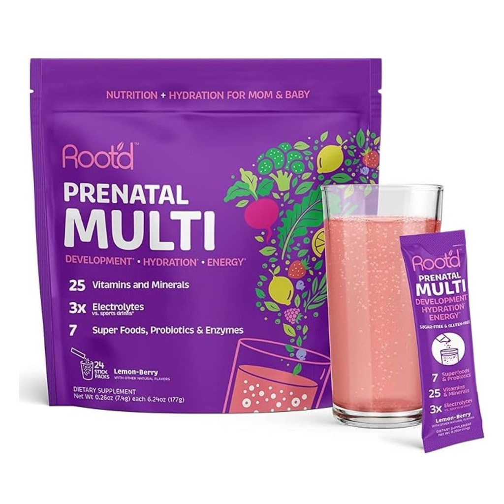 Poudre de multivitamines prénatales avec électrolytes 3X - 25 vitamines et minéraux, folate, fer, vitamine D3, 7 superaliments et probiotiques, vitamines sans sucre et hydratation