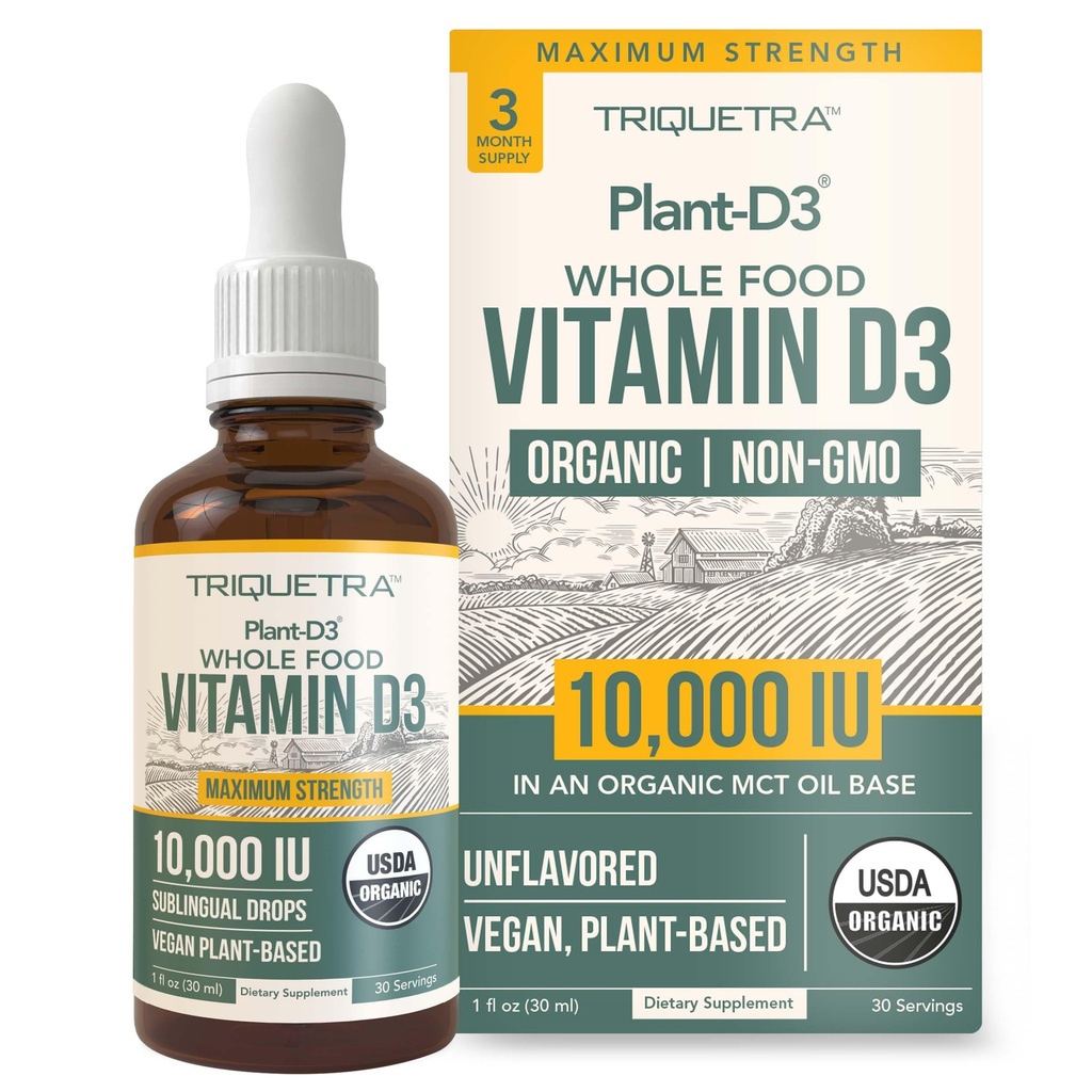 Organische vitamine D3 10.000 IE - Plant D3, Vegan, Max Strength Sublingual Liquid D3 Drops - 200% Hogere Absorptie, 100% Plant-Based Cholecalciferol Form & Vegan D3, Instelbare dosering (30 porties)