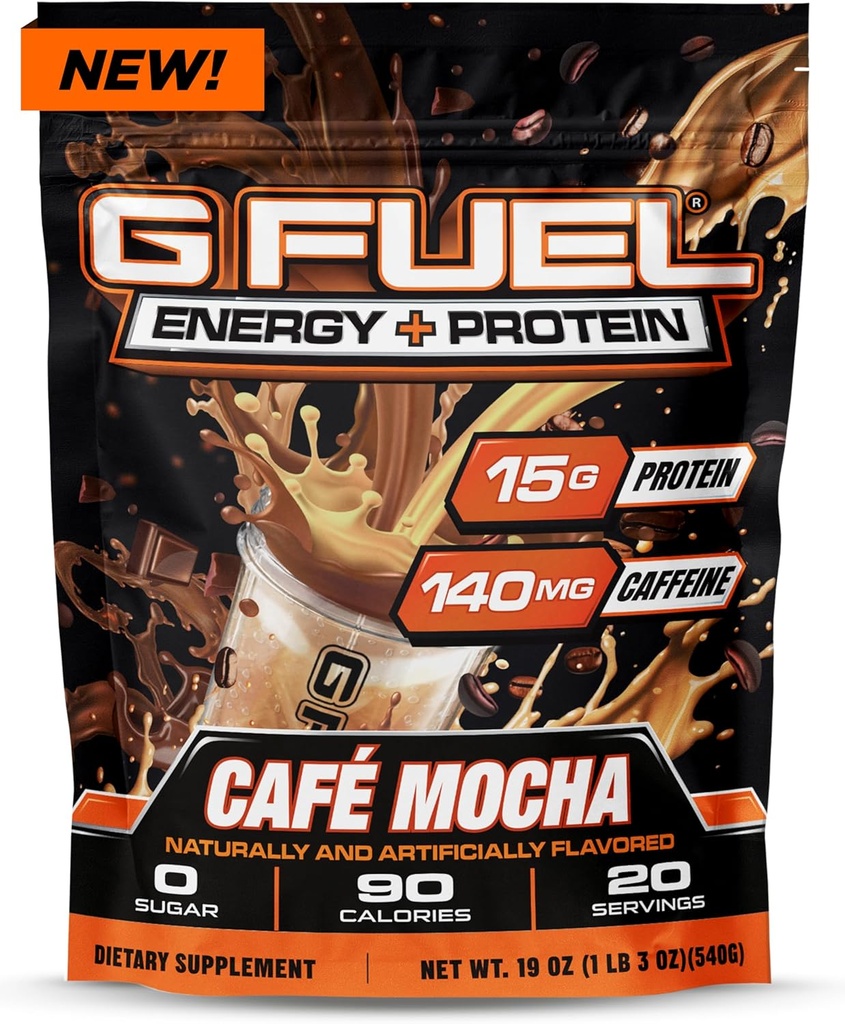 G Fuel Protein + Energy Drink Powder, Pre Workout Cafeine Mix voor Gaming, Suikervrije Focus Amino, Vitamine + Antioxidanten, 19oz (Café Mocha, 20 Servers)