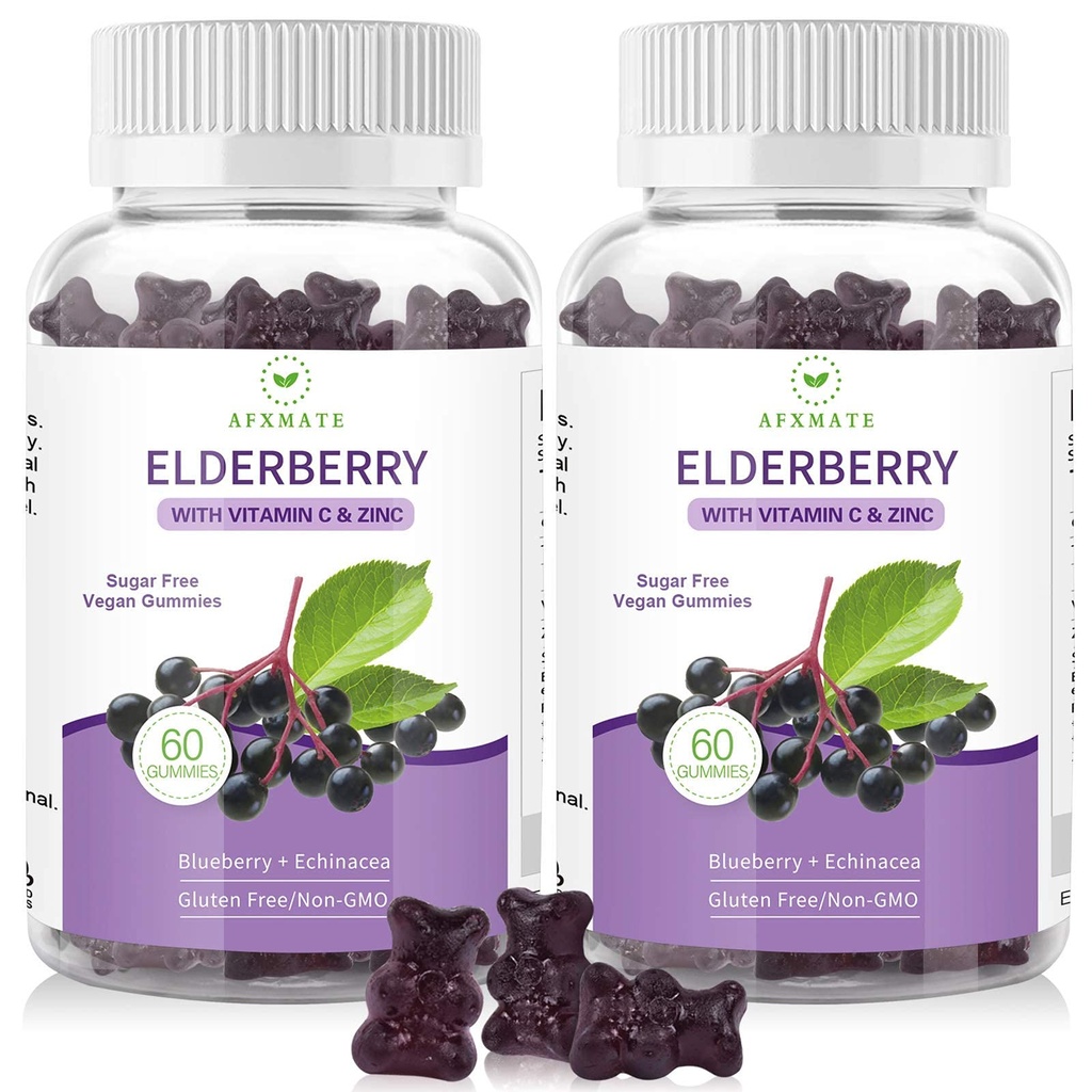 AFXMATE Sambucus Black Elderberry Gummies avec du zinc et de la vitamine C pour les adultes Enfants Imune Support, sans sucre 120 comtes