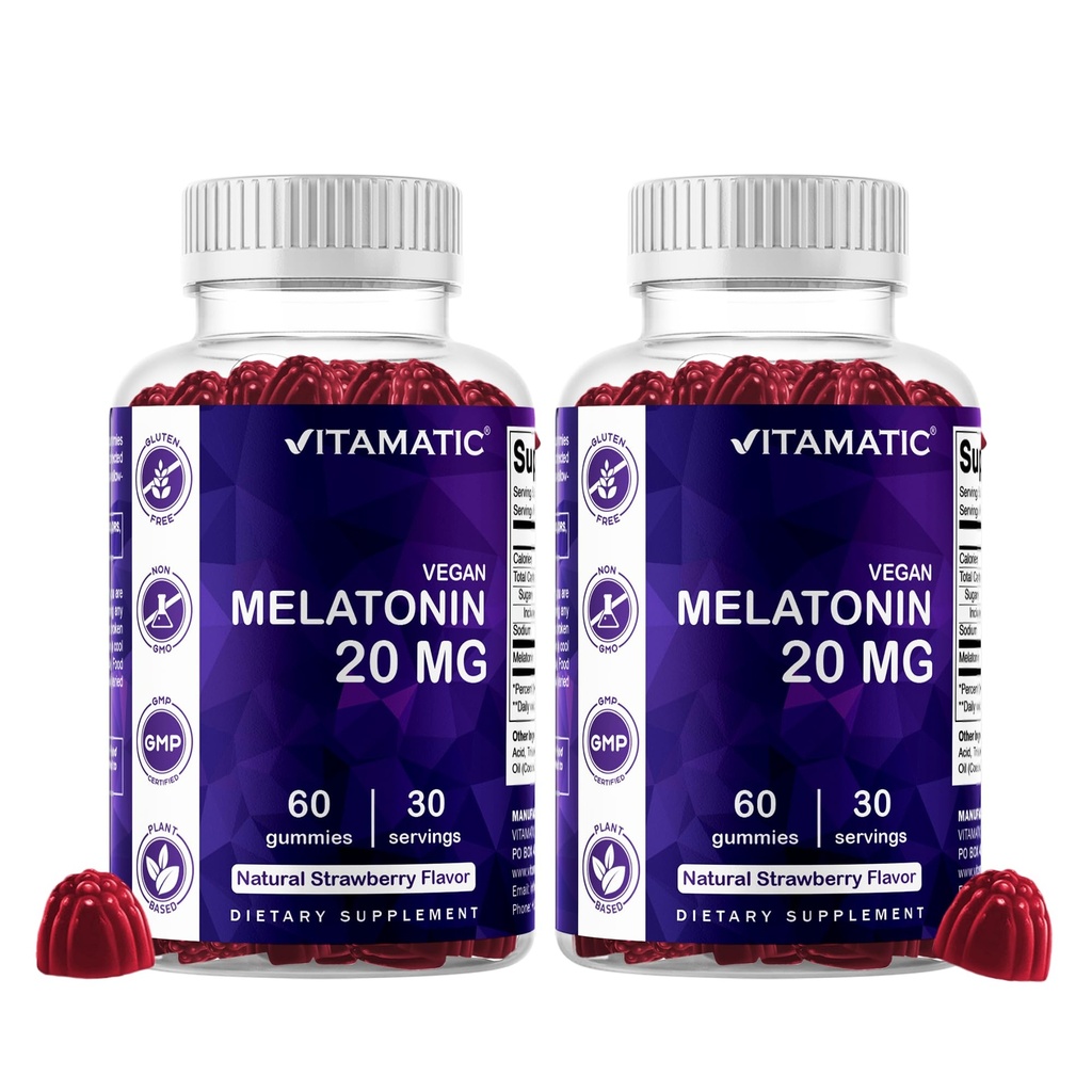 Vitamatic Melatonine 20mg Gummies voor volwassenen, 30 Servings - 60 Telling - Non-Habit Forming Supplement (Pack of 2)