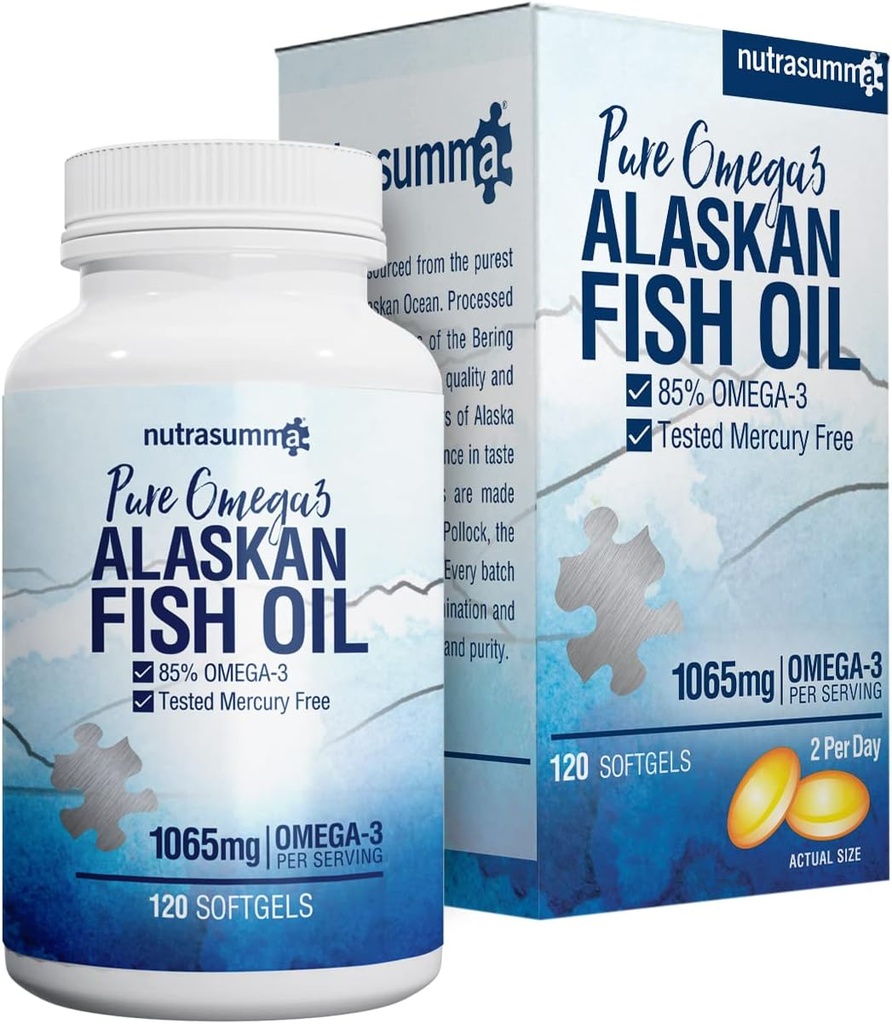 Nutrasumma High Purified Omega 3 Supplement Wild Alaska Visolie Burpless & No Fishy Smaak, 650mg EPA &270mg DHA van 1250mg Visolie softgels, Glutenvrij, Hart, Hersenen& Immune Ondersteuning, 60 porties
