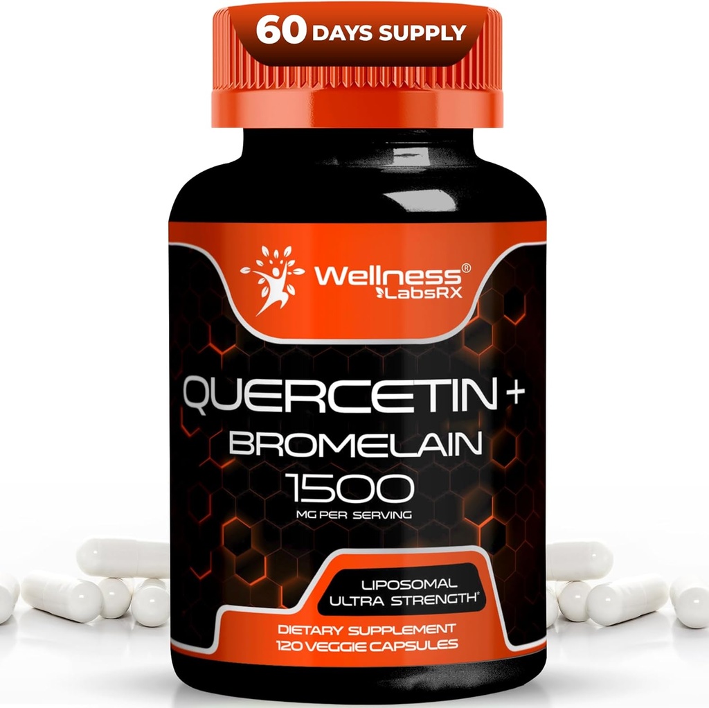 Quercetine met Bromelaine Supplement - 1500mg - Immuun Support and Heart Health Capsules for Men and Women, Quercetine Supplements Helpt ondersteuning Gemeenschappelijk en gezond Ademhalingsstelsel - 120 Tel.