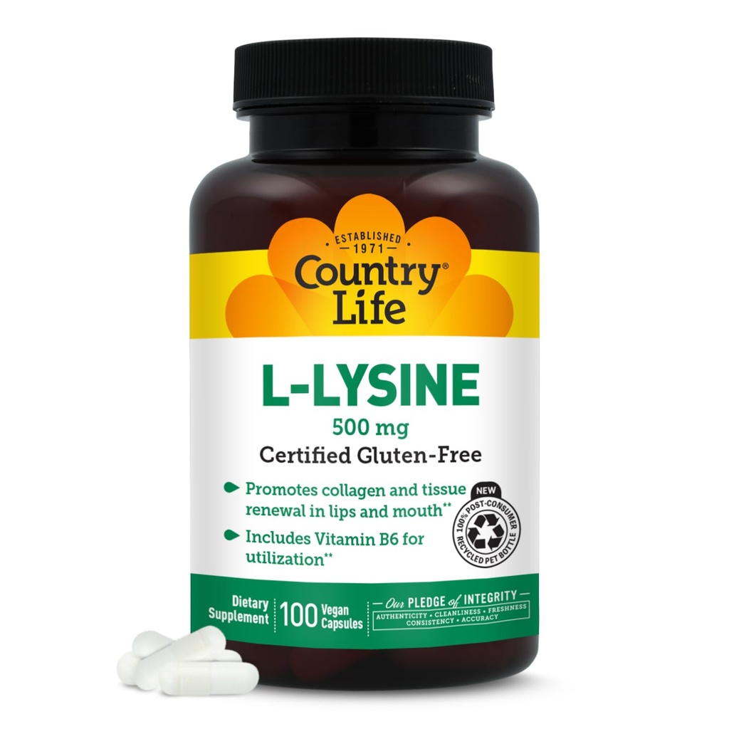 Country Life L-Lysine 500 mg met B-6, Ondersteunt Immune Health, Bevordert Collageen vernieuwing in lippen en mond, 100 Vegan Capsules, Gecertificeerde Gluten Vrij, Gecertificeerde Veganistisch