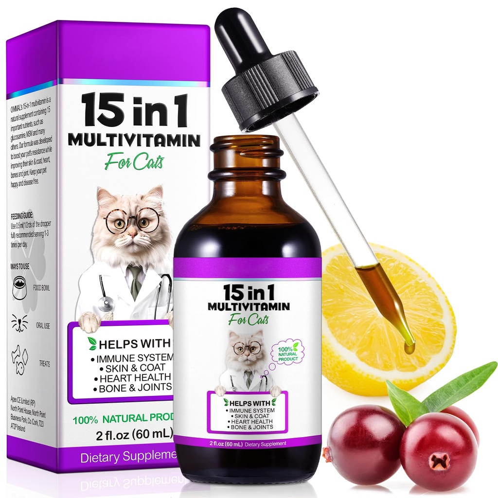 Multivitamine de chat,15 en 1 Cat vitamines gouttes liquides suppléments pour la santé cardiaque, os, articulations, peau et manteau, Bladder, système immunitaire soutien 60ml