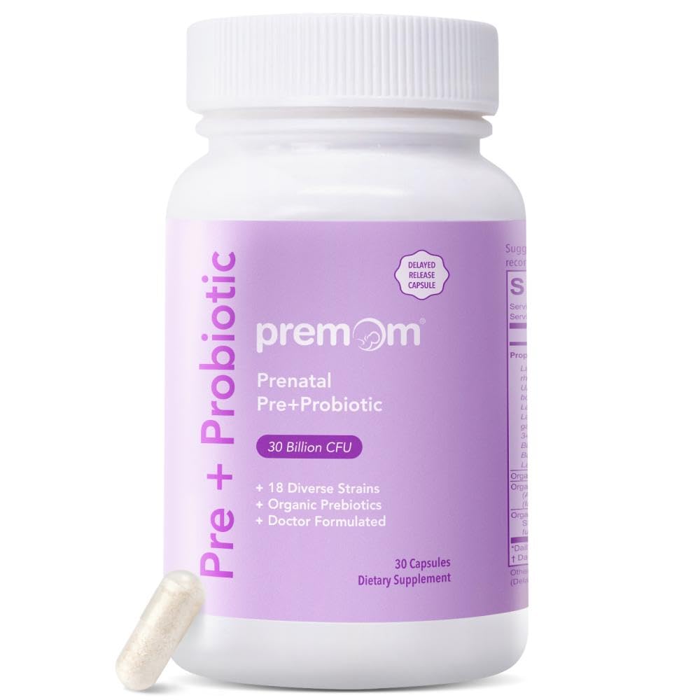 Premom Prénatale et probiotiques pour les femmes: 18 Différentes souches de prébiotiques organiques - soutient la santé digestive, 30 milliards CFU, Gut & Imune pour maman et bébé - Capsules quotidiennes