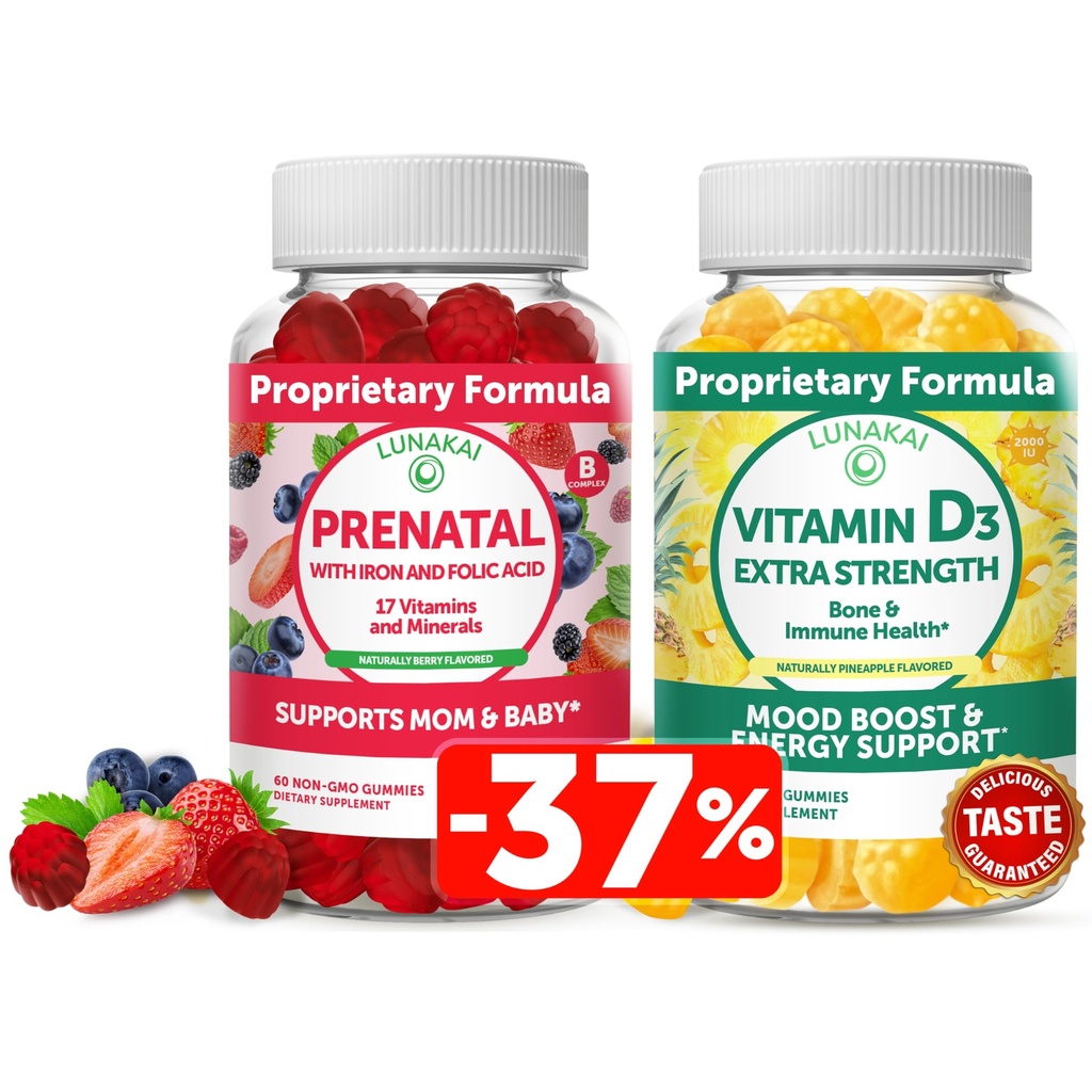 Lunakai Prenatale en vitamine D3 Gummies Bundle - Zwangerschap Multivitamine Gummy met ijzer en foliumzuur - Immuniteit, bot en Mood Ondersteuning Supplement voor volwassenen