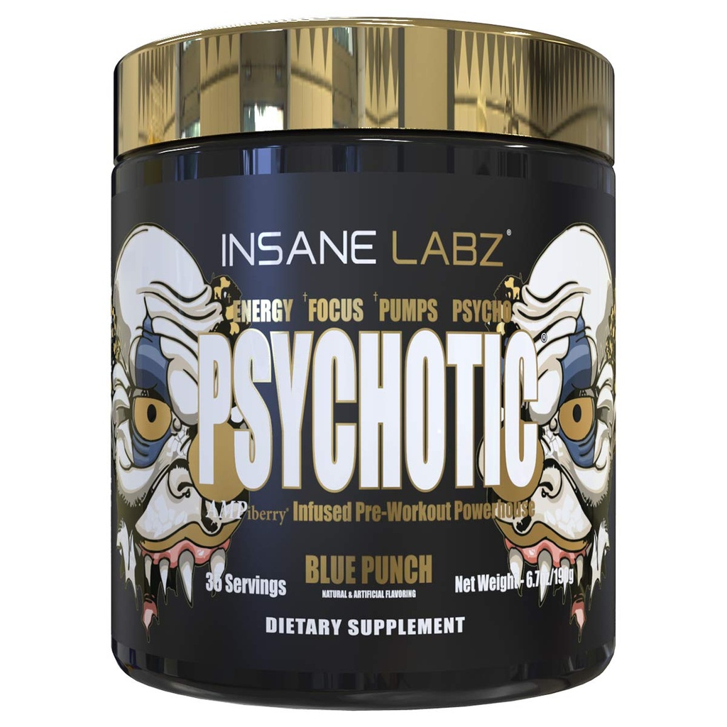 Insane Labz Or psychotique, Poudre de pré-entraînement stimulante, Focus énergétique extrême, Pompes et Endurance avec Beta Alanine, DMAE Bitartrate, NO Booster (35 portions, Blue Punch)