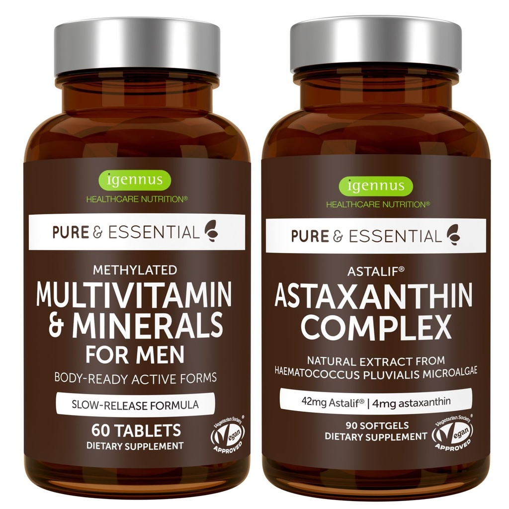 Multivitamine & mineralen voor mannen + Astaxanthine Complex Vegan Bundle, Sustained Release Advanced Multivitamine + 4 mg H. Pluvialis Natural Astaxanthine, by Igennus