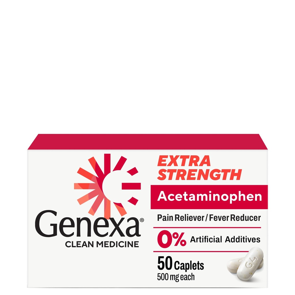 Genexa Clean Acetaminophen 500mg Extra sterkte, Very Free Pain Reliver Fever Reducer, 0% Artificiële Additieven, Pijn Geneeskunde voor volwassenen, Verlicht Hoofdpijn, Rugpijn, Kleine Artritis Pijn, 50 tabletten