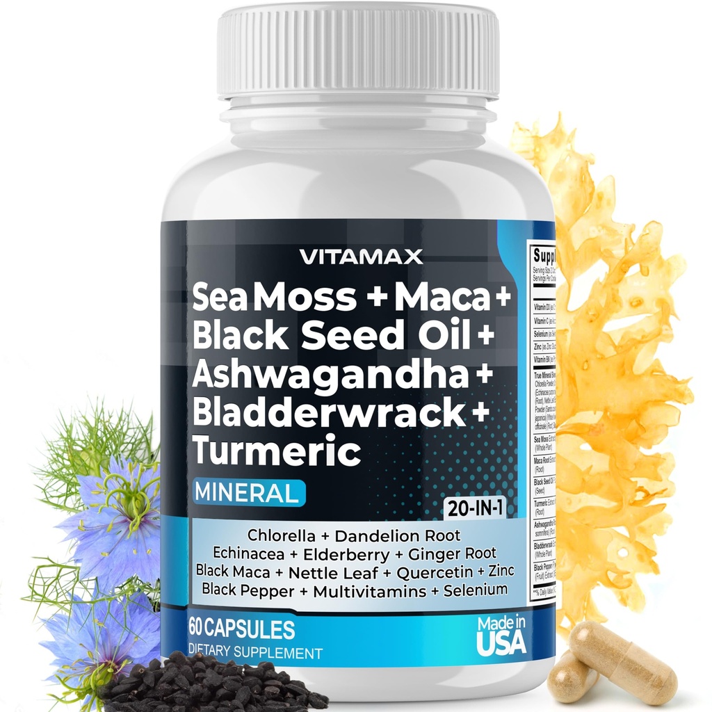 Sea Moss Maca Black Seed Oil Ashwagandha Bladderwrak Kurkuma - Manuka Honing, Vlierbes, Vitamine C & D3, Dandelion & Black Pepper - Non-GMO - Vegan - Made in USA - 60ct