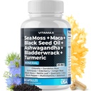Sea Moss Maca Black Seed Oil Ashwagandha Bladderwrack Turmeric - Manuka Honey, Elderberry, Vitamine C & D3, Dandelion et poivre noir - Non-OGM - Vegan - Fabriqué aux États-Unis - 60ct