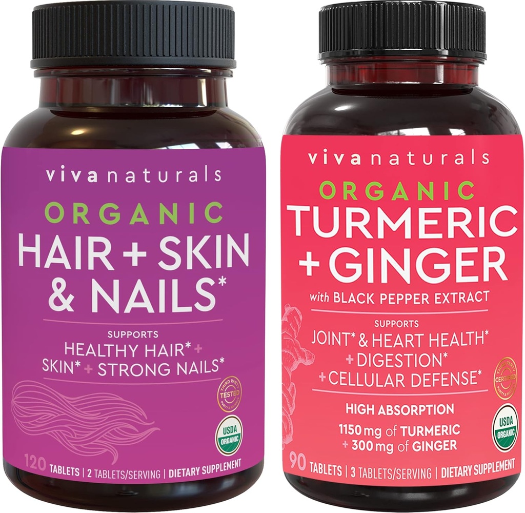 Biologische Haarhuid en Nagels Vitaminen + Biologische Kurkuma met Zwarte Pepper & Ginger Bundle, Gemaakt met Biotin 5000 mcg voor gezond haar, Kurkuma voor natuurlijke gezamenlijke ondersteuning
