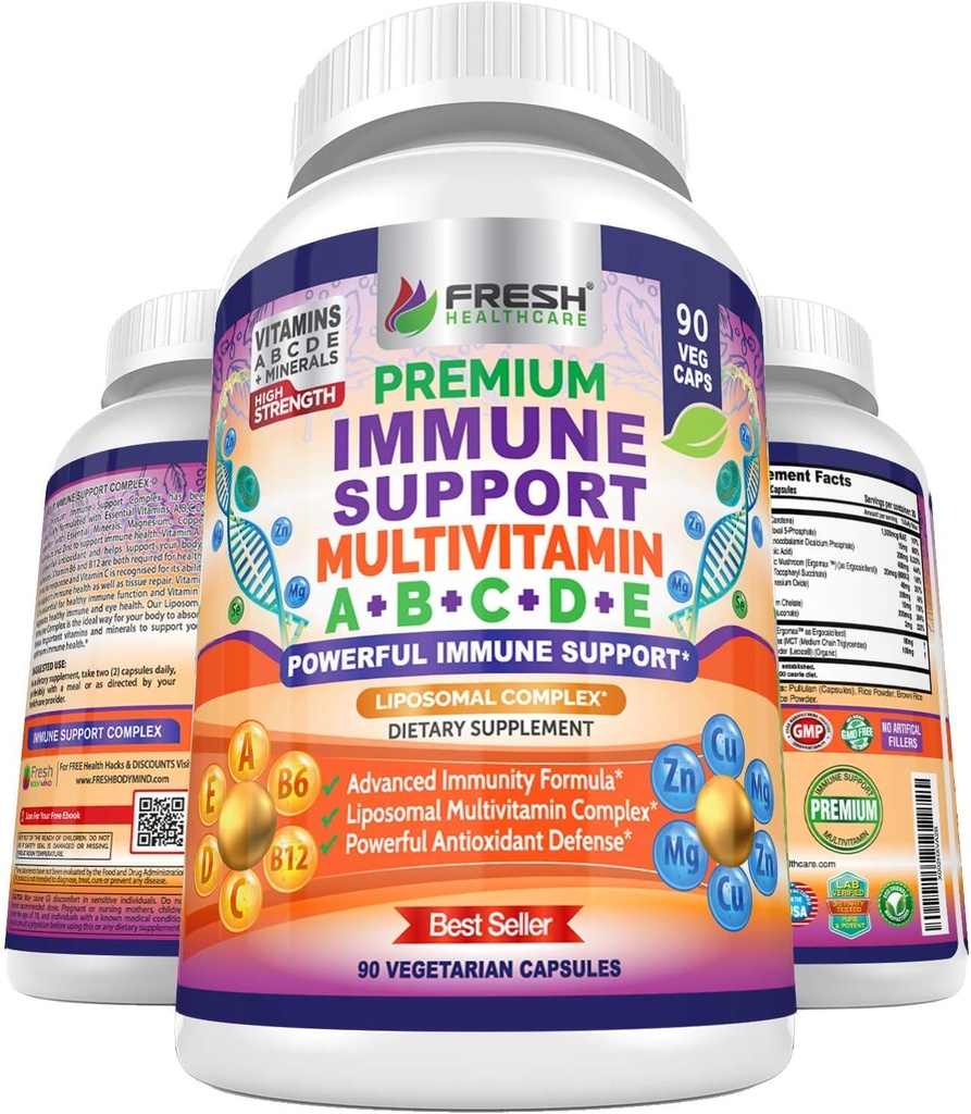 Immune Support Multivitamin for Men and Women with Vitamins A, B, C, D, E, B6, B12 - Zinc, Magnesium and Copper with Liposomal Complex for Enhanced Absorption - Daily Antioxidant Boost - 90 Vegan Caps
