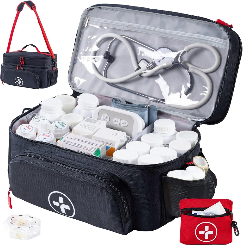 BAGSFY Travel Medicine Bag Organizer met Mini Medication Bag, Double Layers EHBO Kit Lege, afsluitbare Pill Bottle Organizer voor thuis, Grote Medicatie Opslag, Travel Emergency Carrying Case.