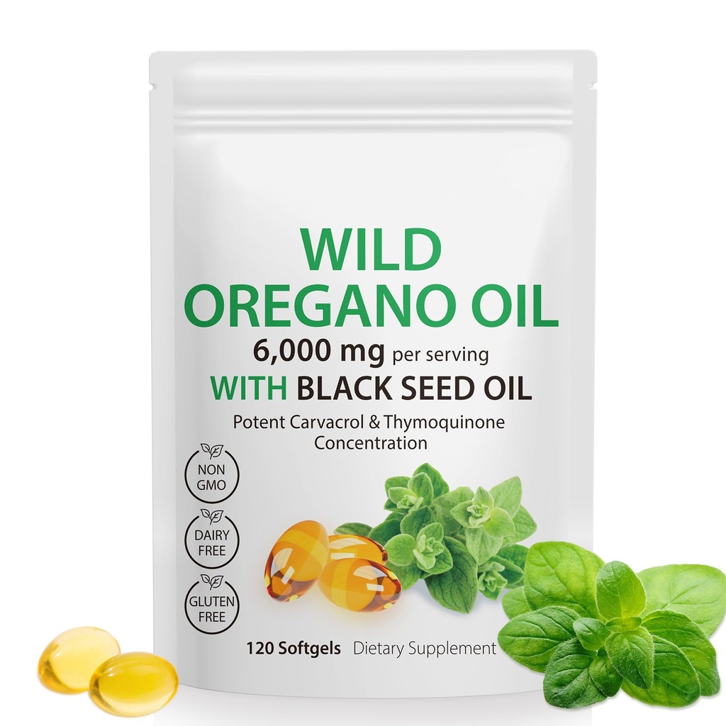 Olie van Oregano Softgels - Wild Oregano Oil 6.000 mg met Black Seed Oil 200mg Capsules, 120 Graaf, Krachtig Carvacrol & Thymochinon, Non-GMO, Zuivelvrij, Glutenvrij