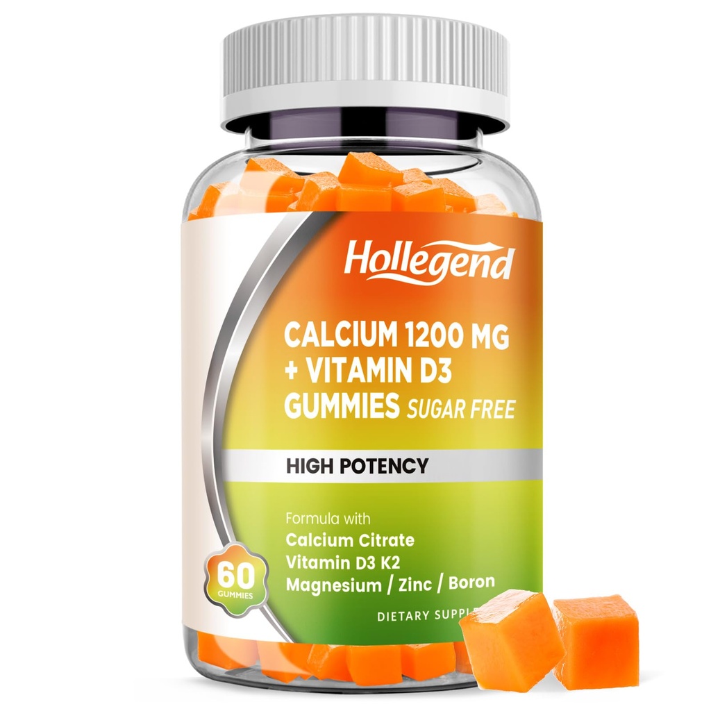 Calcium 1200 mg met vitamine D3 Gummies, Calcium citraat kauwtabletten met Magnesium Zink Vitamine K2 Boron, Bone Health, Sugar Free, 60 Tellen