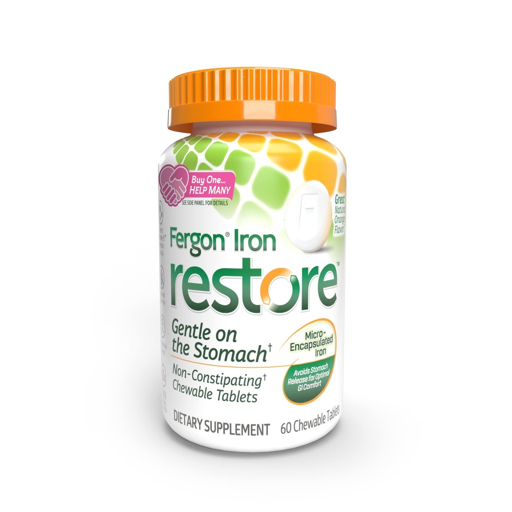 Fergon Iron Restore Kauwtabletten - Zachtjes op de maag, niet-consipatief - 27mg ijzer voor energiesteun 60 tabletten