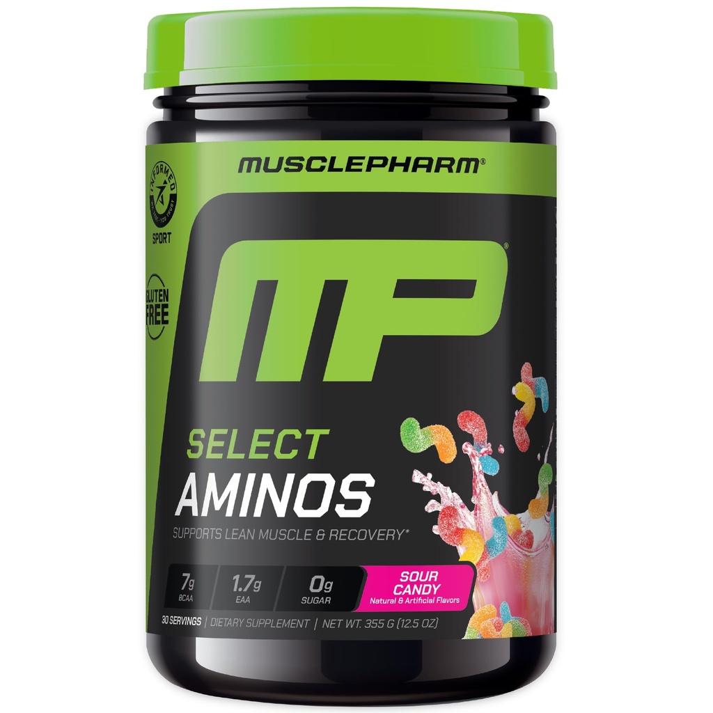 MusclePharm Sélectionner l'EAA d'Amino + BCAA, Acides aminés essentiels après l'entraînement Poudre, Supplément énergétique avant l'entraînement pour les hommes et les femmes avec les acides aminés à chaîne ramifiée, 30 portions (Sour Candy)