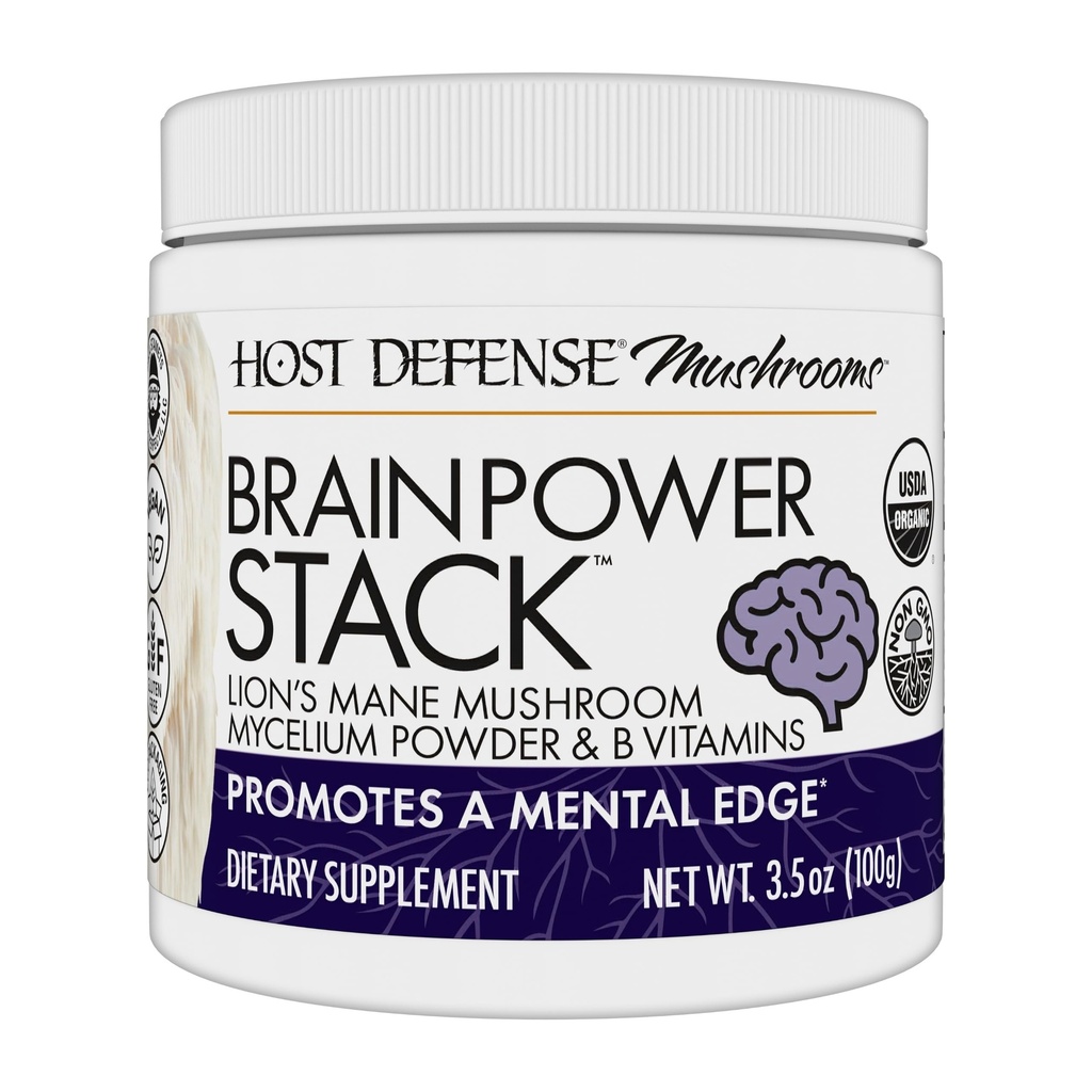 Host Defense BrainPower Stack Powder - Targeted Brain Support Supplement - Powder Mushroom Supplement with Lion's Mane, Niacin (B3) & Vitamine B12 - Herbal Brain Support - 100g (66 Servings)