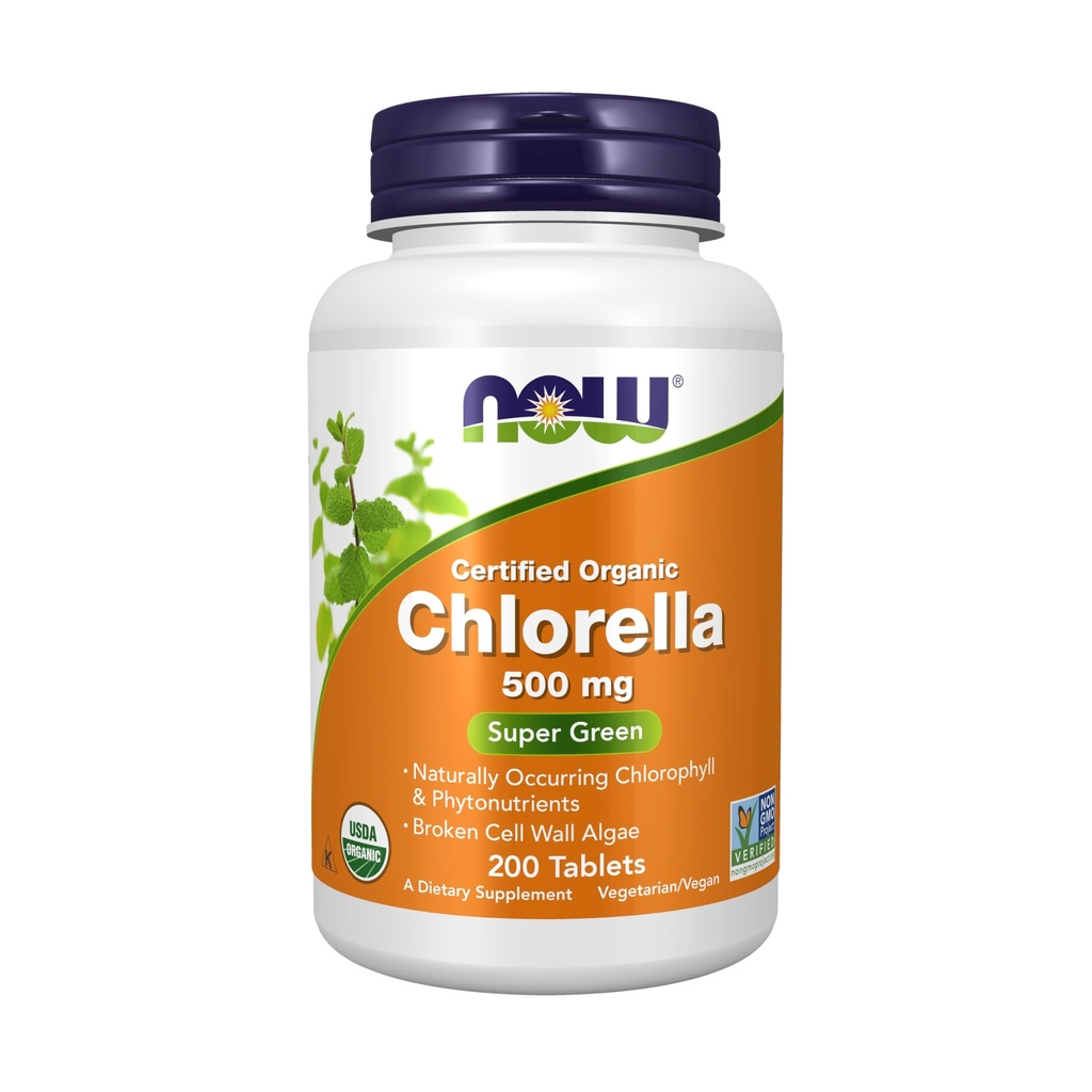 NOW Foods Supplementen, Organische Chlorella 500 mg met natuurlijk voorkomende Chlorofyl, Beta-Caroteen, gemengde Carotenoïden, Vitamine C, IJzer en Proteïne, 200 tabletten