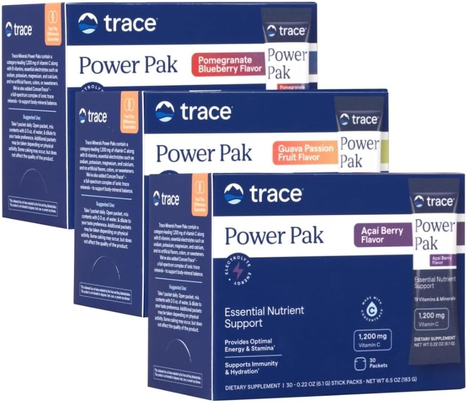Trace Minerals Power Pak Multivitamine en Multimineral Packets - Electrolyte Support - 1200 mg Vitamine C Plus 70 Acai Berry, Blueberry Granaatappel en Guava Variëteit - 90 Packets