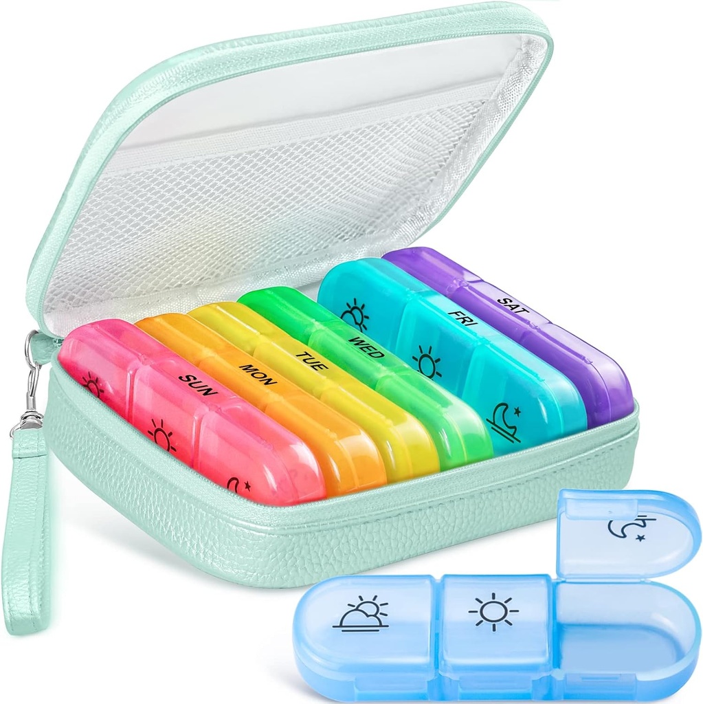 Schattige pil Organizer 3 keer per dag, grote dagelijkse pil geval voor vrouwen, draagbare pil doos 7 dag voor tas met zak & rits om vitamines, medicijnen, visolie, supplementen (cyaanblauw)