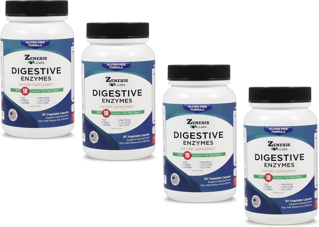 Zenesis Labs Enzymes digestifs - avec Amylase, Bromelain, Protease, Lipase et 14 autres Enzymes Bulk 360 Capsule Supply (4 Set de bouteilles - 90 Capsules/Bottle)