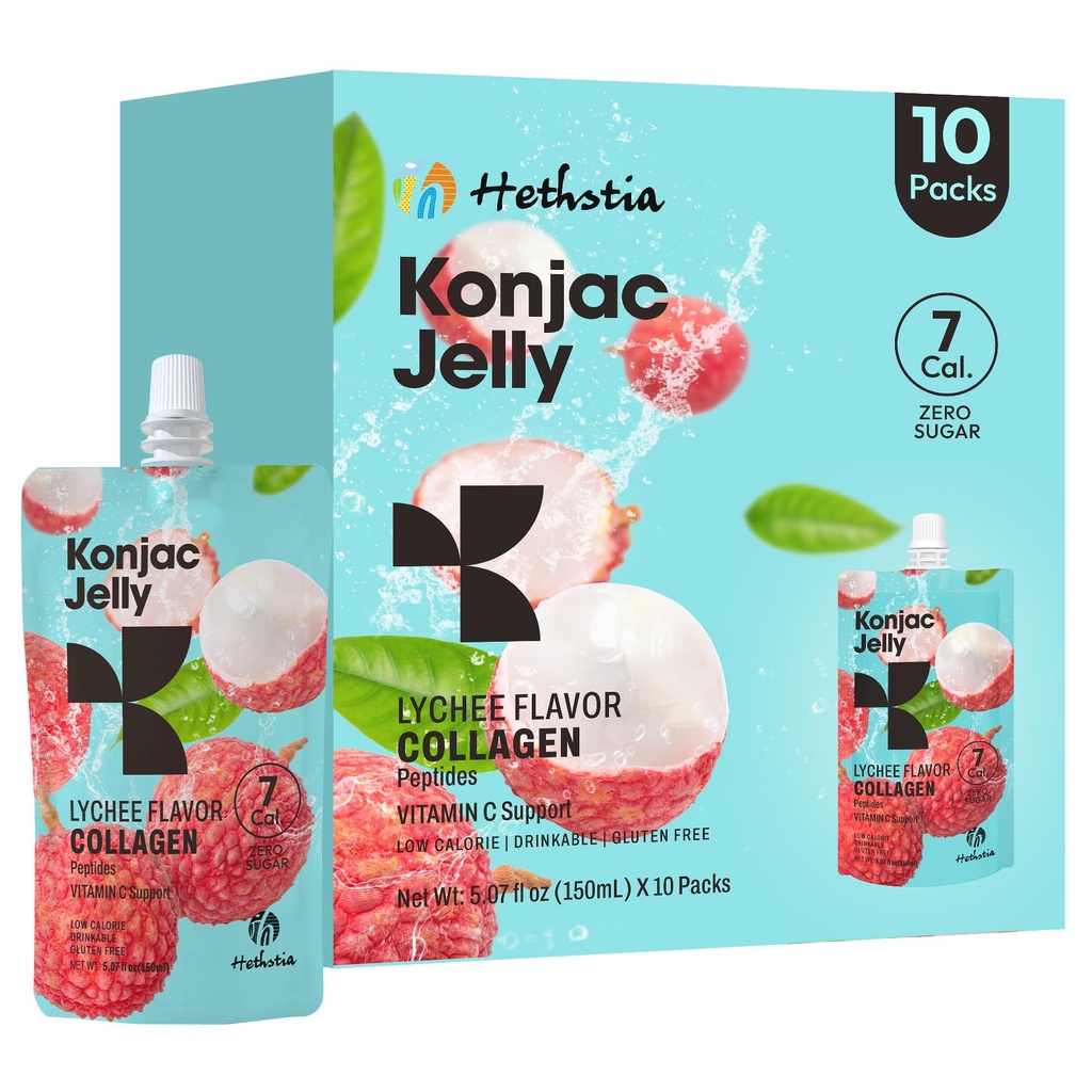 Hethstia Konjac Jelly, Lychee Konjac Jelly 10 Pouches avec collagène peptides, faible calorie buvable Litchi Jello, Vitamine C collations légères, sans sucre, kéto, sans gluten, dons d'aliments sains