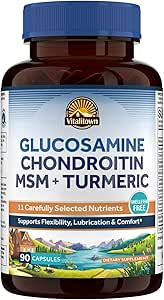 Vitalitown Glucosamine Chondroitin MSM, Turmeric, Collageen, Hyaluronic Acid, Boswellia, Quercetin, 11-in-1 Formula, Glucosamine Sulfate 1500 mg, No Shellfish, Flexibiliteit & Comfort, 180 Caps