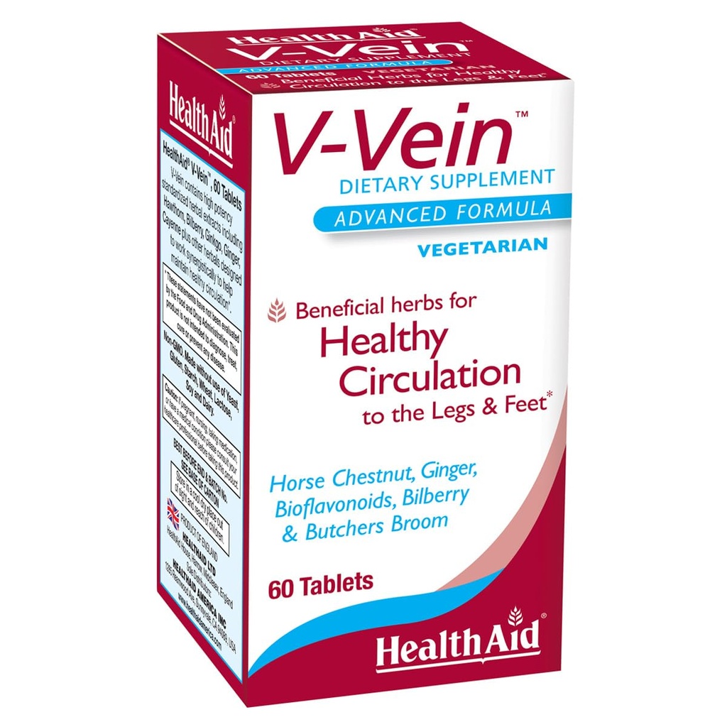 HealthAid V-Vein, gunstige voedingsstoffen voor gezonde circulatie voor benen en voeten, 60ct, eenmaal daags, Bevat Ginkgo, druivenzaad, vitamine C en bosbessen, veganist