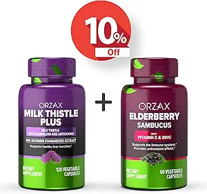 ORZAX Milk Thistle Plus with Dandelion and Artichoke 120 Vegatable Capsules and Elderberry Capsules 2000mg Sambucus, Bundle