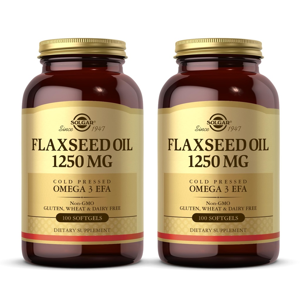 Solgar Vlaszaadolie 1250 mg - 100 Softgels, Pack of 2 - Concentrated Plant Source of Omega-3 Alfa-Linolzuur (ALA) - Non-GMO, Glutenvrij - 100 Total Servings