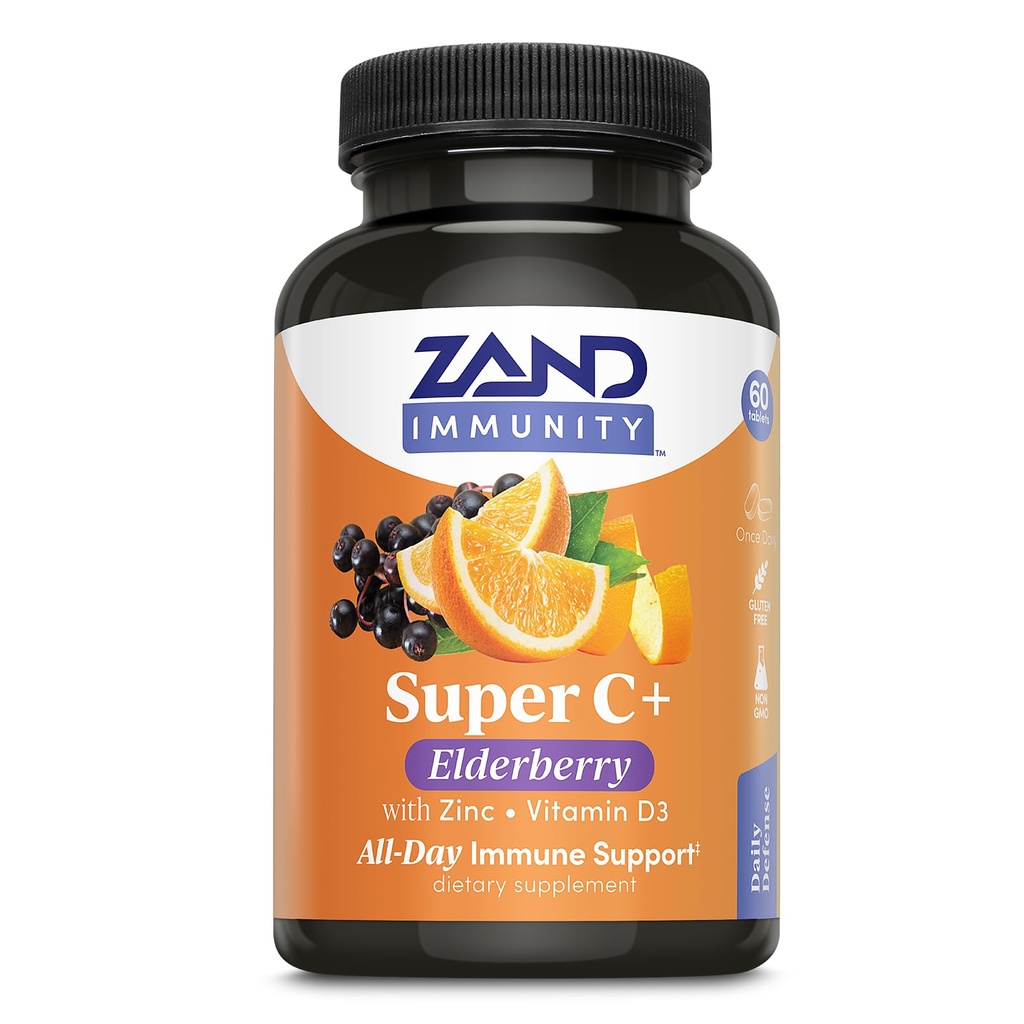 Zand Immunity Super C+ met vlierbes, All Day Immune Support, 1000mg PureWay-C Vitamine C Plus Zink & Vitamine D-3, Enhanced Absorptie, 60 tabletten, 30 porties