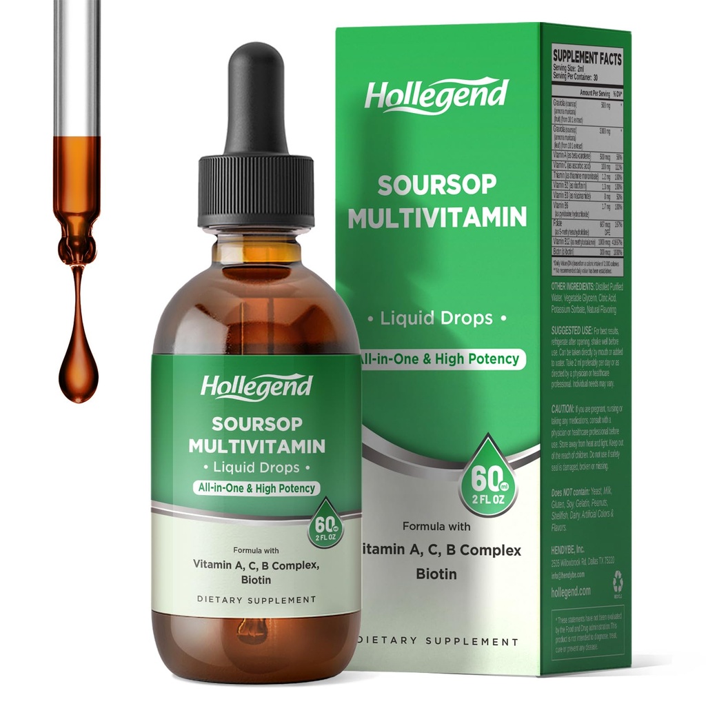 Soursop Multivitamine Liquid Drops, Gemethyleerde Multivitamine met Graviola Soursop Bitters Liquid for Immune Support, Hair, Skin, Brain Health, 2 Fl Oz